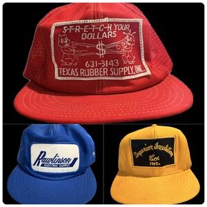 3 Vintage Trucker Hats- 1 purchase… bright and bold colors with unique patches.